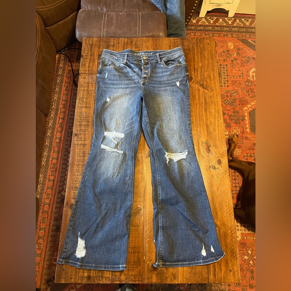 Mauricea High Rise button fly distressed flares